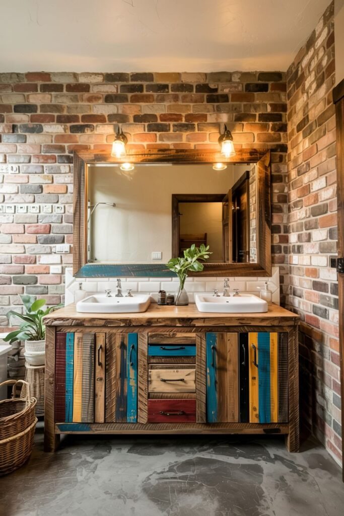 A rustic wooden vanity with colourful vertical planks and drawers, two sinks, a large framed mirror with wall sconces, against a brick wall.
