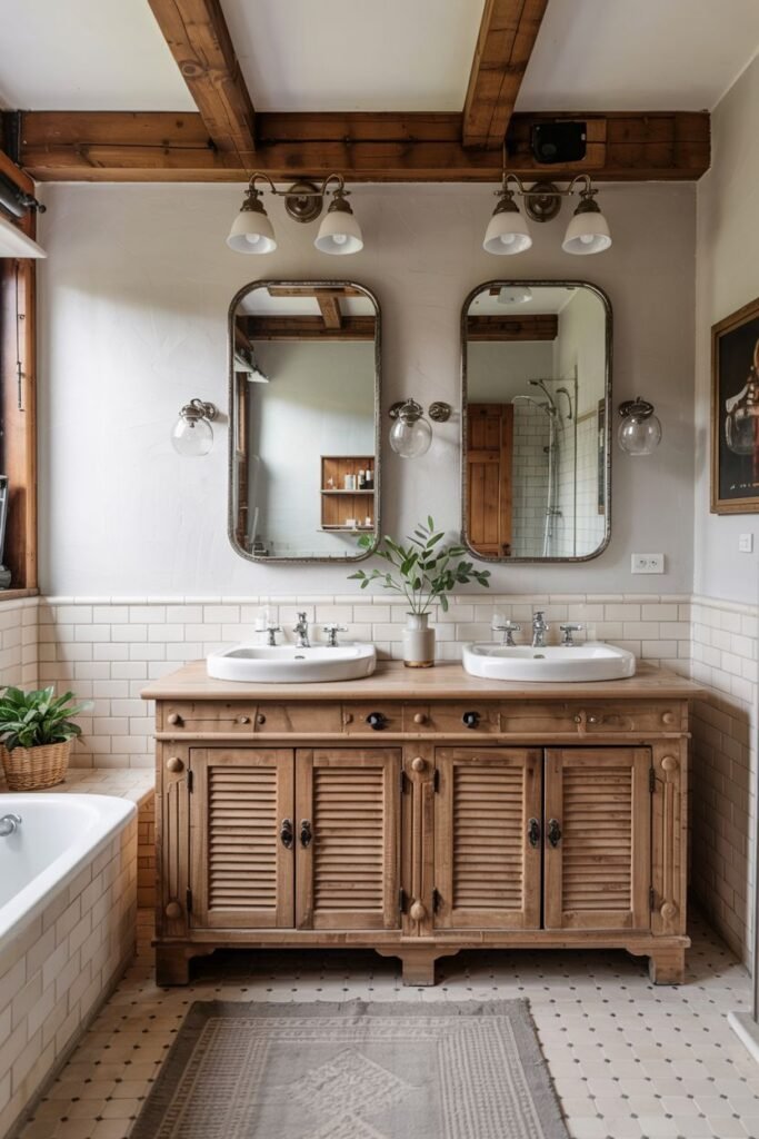 A natural wood double vanity with louvered doors and drawers, two sinks, and two framed mirrors with wall lights, in a bathroom with exposed beams and patterned floor tiles.