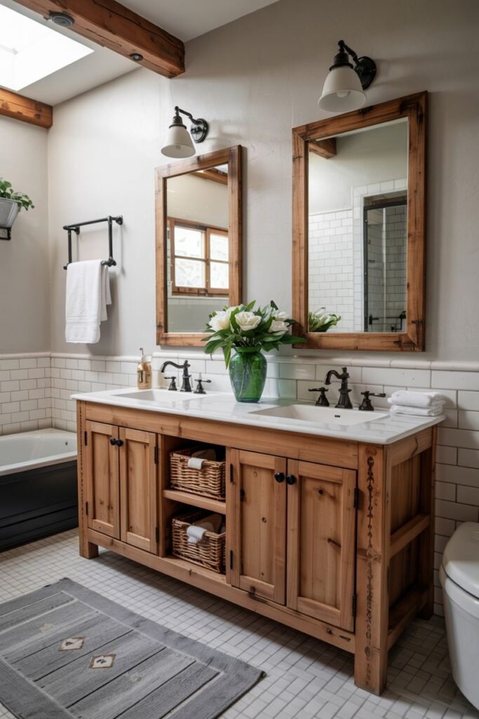 A natural wood double vanity with doors, drawers, and two lower shelves, two sinks on a marble countertop, and two framed mirrors with wall sconces, in a bathroom with subway tile and exposed beams.