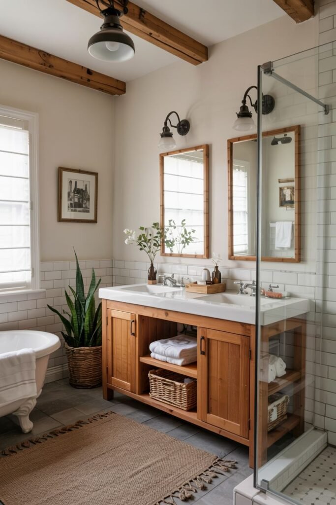 A rustic wooden double vanity with open shelving, two sinks, two mirrors, and a white clawfoot tub on the left, in a bathroom with subway tile and exposed beams.
