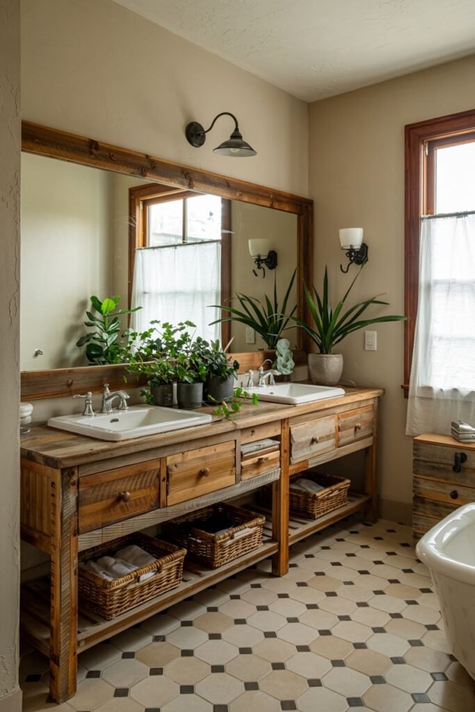 A natural wood double vanity with multiple drawers and open lower shelving, two sinks, and a large mirror with wall sconces, in a bathroom with a tiled floor and large windows.