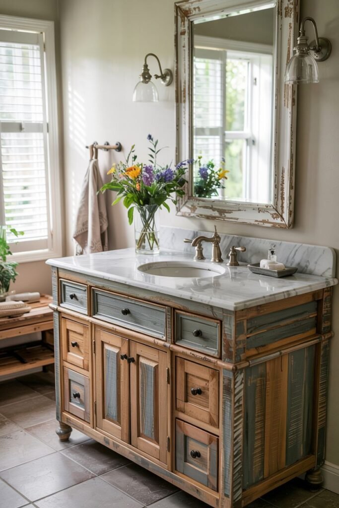 A distressed grey and wood vanity with drawers and doors, a single sink, and a framed mirror with wall sconces, in a bathroom with a tiled floor and a window with blinds.