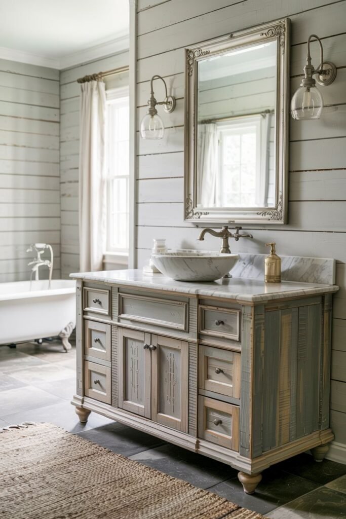 A distressed grey vanity with drawers and doors, a vessel sink on a marble countertop, and an ornate framed mirror with wall sconces, in a bathroom with horizontal wooden plank walls.