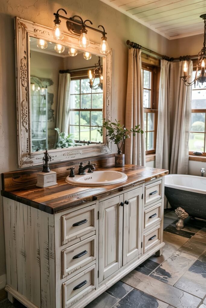 A large distressed white double vanity with drawers and doors, a single sink on a wooden countertop, and a large ornate framed mirror with multiple lights, in a bathroom with a dark tile floor and windows.