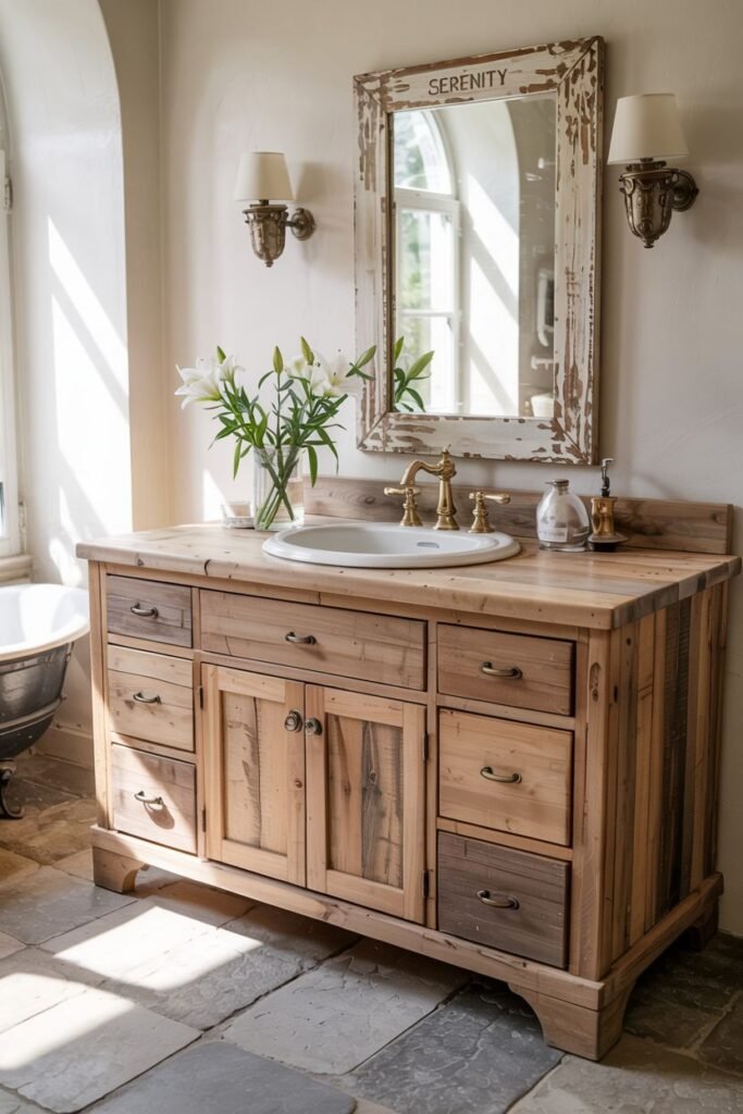 A natural wood double vanity with drawers and doors, a single sink on a wooden countertop, and a distressed framed mirror labeled "SERENITY" with wall sconces, in a bright room with tiled floors.