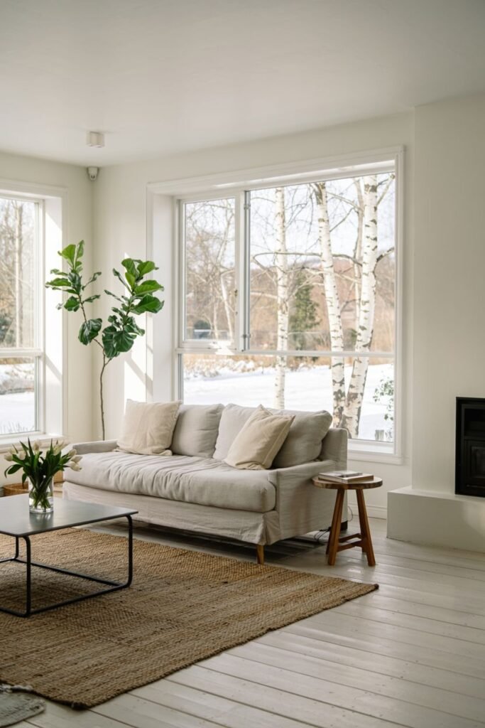 A scandinavian living room with a light-colored sofa, coffee table, and large windows overlooking a snowy landscape.