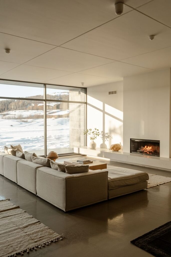 A large scandinavian living room with a modular sofa, a low coffee table, a fireplace, and expansive windows looking out onto a snowy landscape.