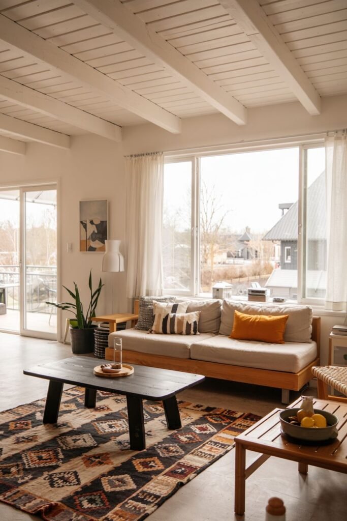 This scandinavian living room contains a daybed-style sofa, a dark rectangular coffee table, and a colorful patterned rug. Beamed ceilings are visible above.