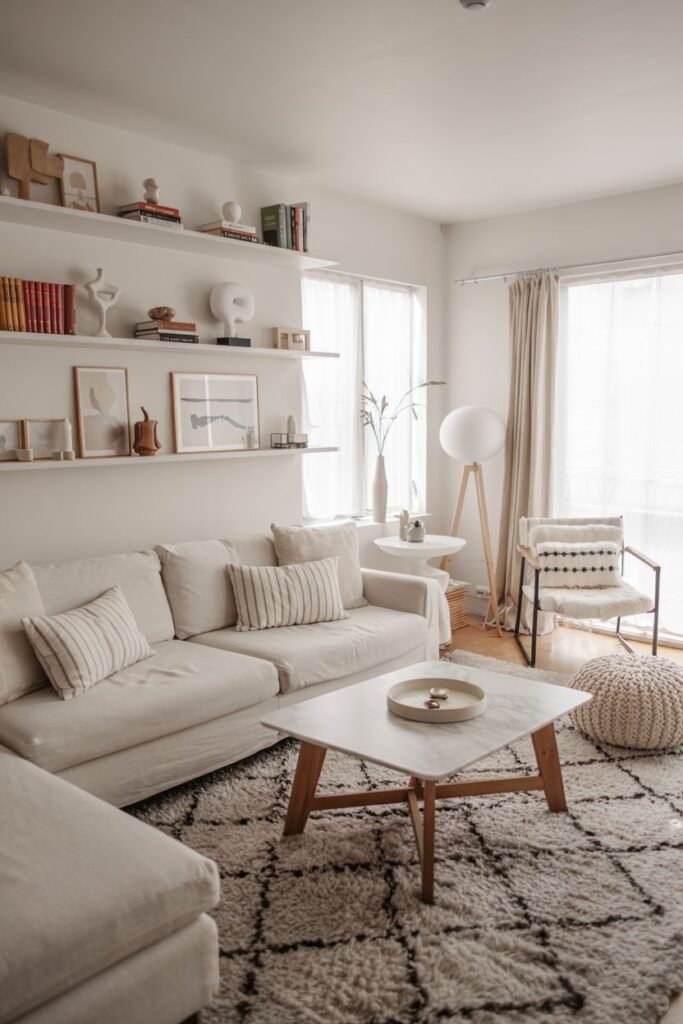 A bright scandinavian living room with a white sectional sofa, a marble-top coffee table, a patterned shag rug, and white shelves filled with decor.
