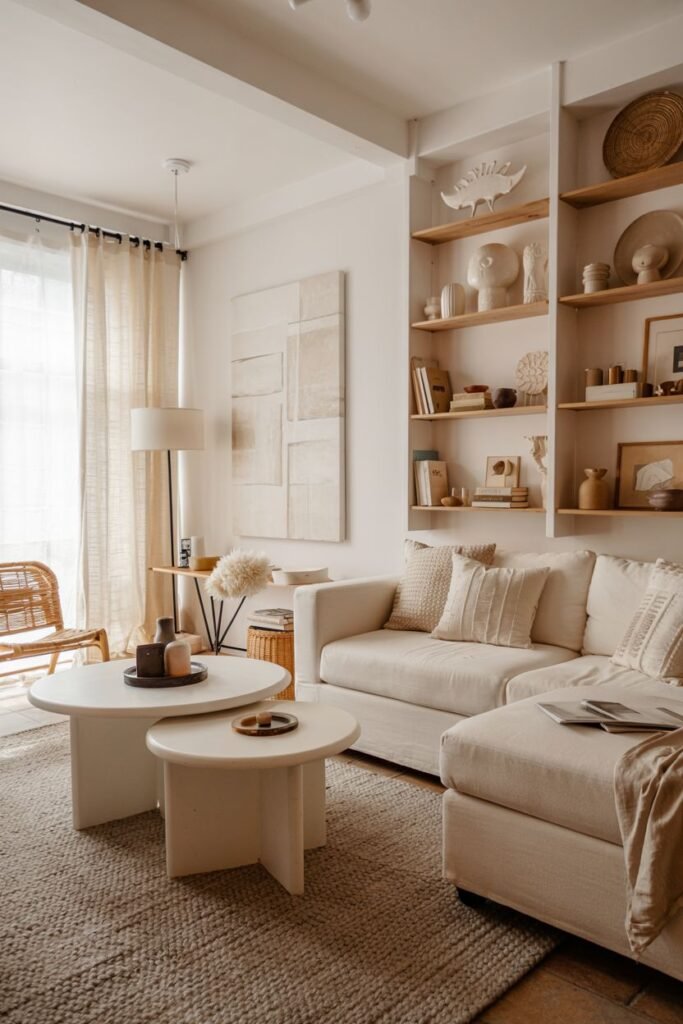 A scandinavian living room featuring a white sectional sofa, round white nesting coffee tables, a natural fiber rug, and built-in white shelves.