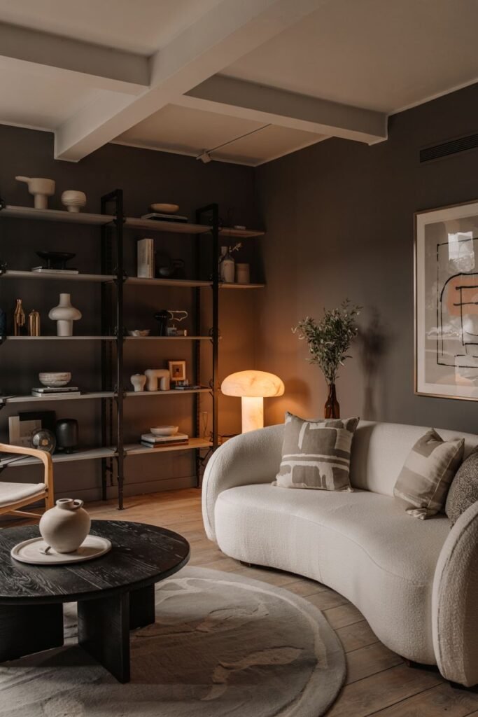 A scandinavian living room with a curved white sofa, a round dark coffee table, a unique mushroom lamp, and industrial-style shelving.