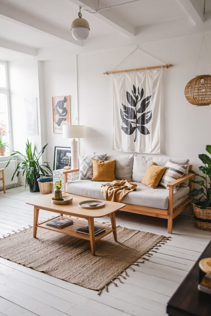 A light and airy scandinavian living room featuring a wooden daybed sofa, a light wood coffee table, a jute rug, and a textile wall hanging.