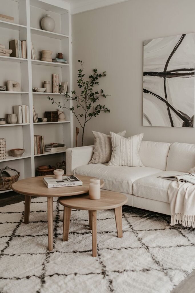 This scandinavian living room includes a white sofa, round wooden nesting coffee tables, a patterned shag rug, and tall white built-in bookshelves.