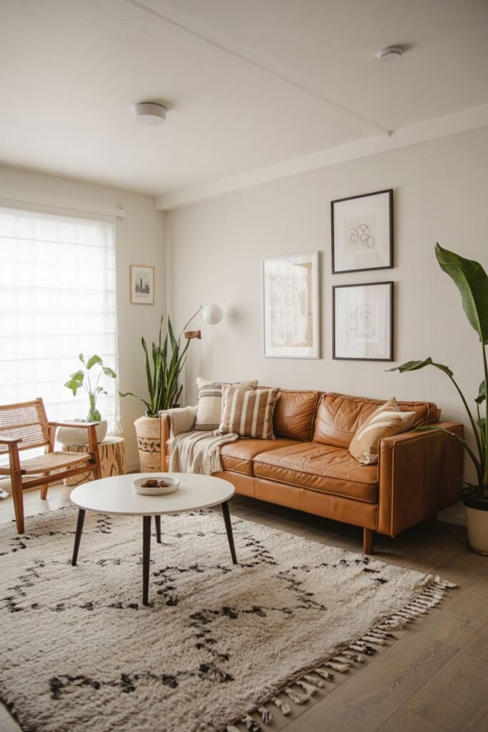 A scandinavian living room features a warm brown leather sofa, a round white coffee table, a large patterned rug, and several large houseplants.