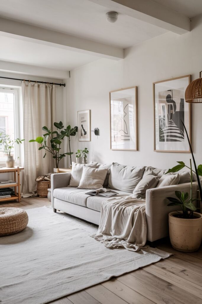 A comfortable scandinavian living room with a large light grey sectional sofa, a natural fiber rug, and multiple large potted plants.