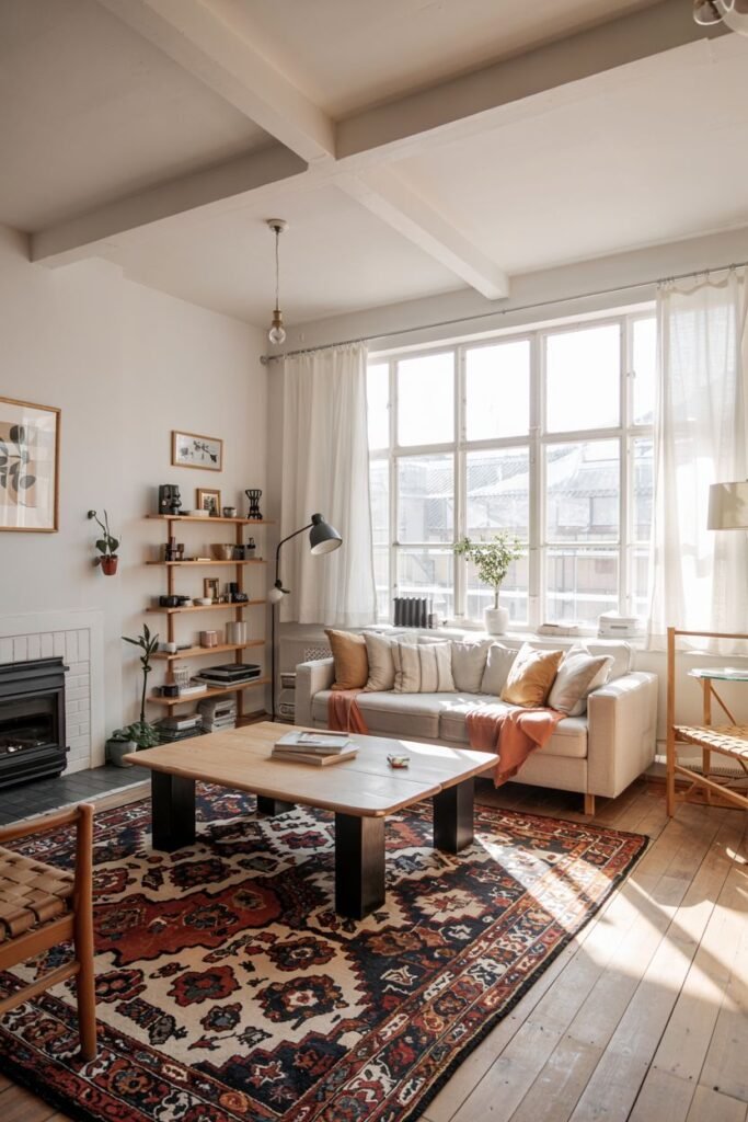 A scandinavian living room features a light-colored sofa, a rectangular coffee table, and a patterned rug, with sunlight streaming through a large window.