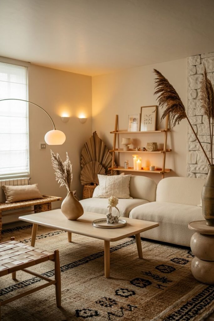 A scandinavian living room with a white sofa, a light wood coffee table, a patterned rug, and various dried natural elements used as decor.