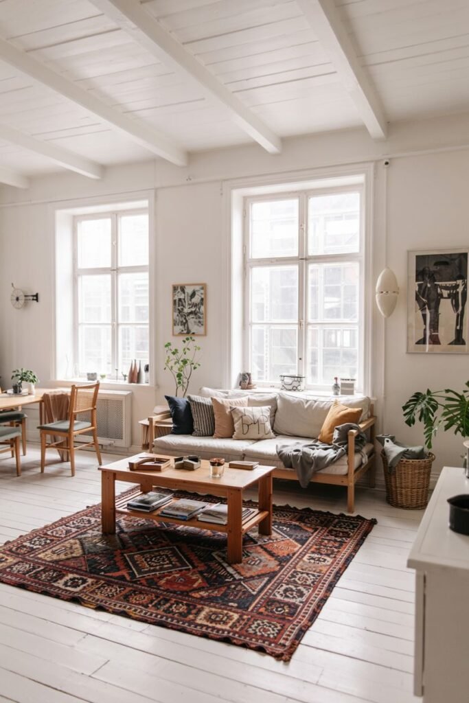 A scandinavian living room with a daybed sofa, a wooden coffee table, and a large red and black patterned rug. A dining area is visible in the background.
