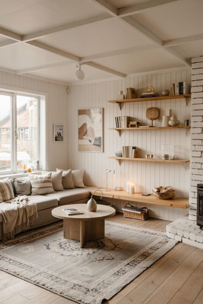 A scandinavian living room featuring a grey corner sofa, a round wooden coffee table, a patterned rug, and floating wooden shelves on a paneled wall.