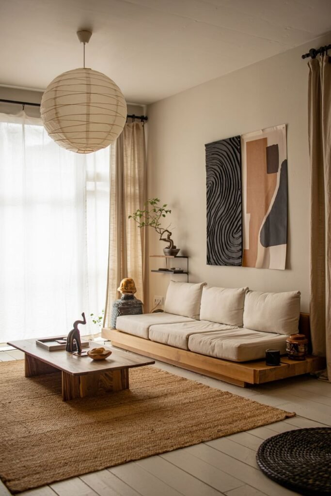 This minimalist scandinavian living room has a low-profile sofa on a wooden base, a wooden coffee table, and a jute rug. A large paper lantern hangs from the ceiling.