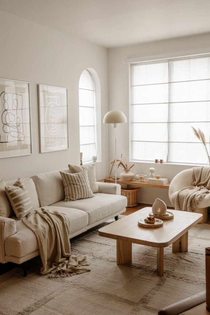 A scandinavian living room with a white sofa, a rectangular light wood coffee table, a textured rug, and large windows with roman blinds.