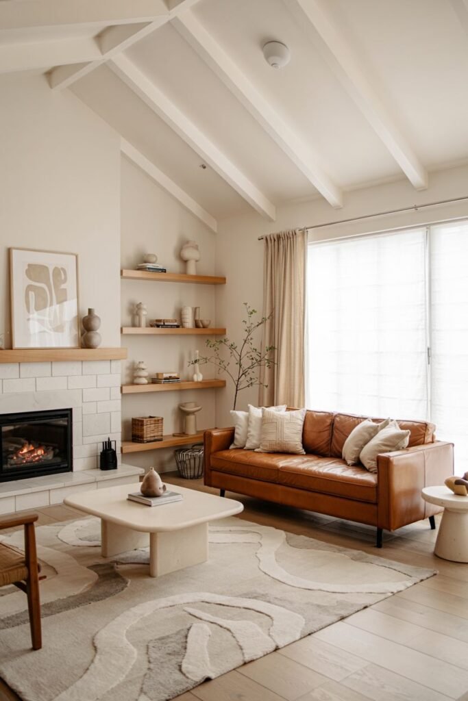 A scandinavian living room with a brown leather sofa, a square stone coffee table, a patterned rug with organic shapes, and floating shelves next to a fireplace.