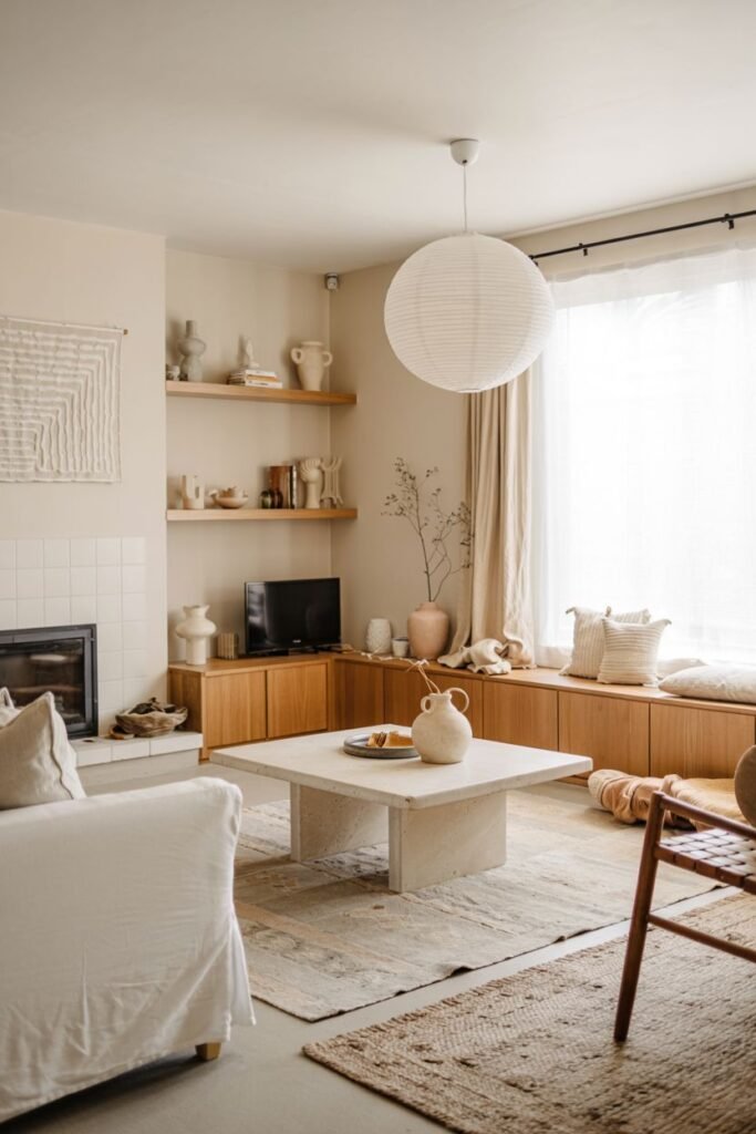 A scandinavian living room featuring a white slipcovered sofa, a square stone coffee table, and a window bench seating area with pillows.