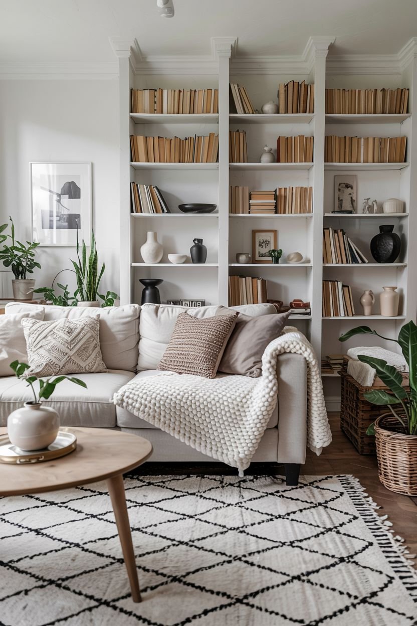This scandinavian living room includes a white sofa, a round wooden coffee table, a patterned rug, and tall white bookshelves filled with books and decor.