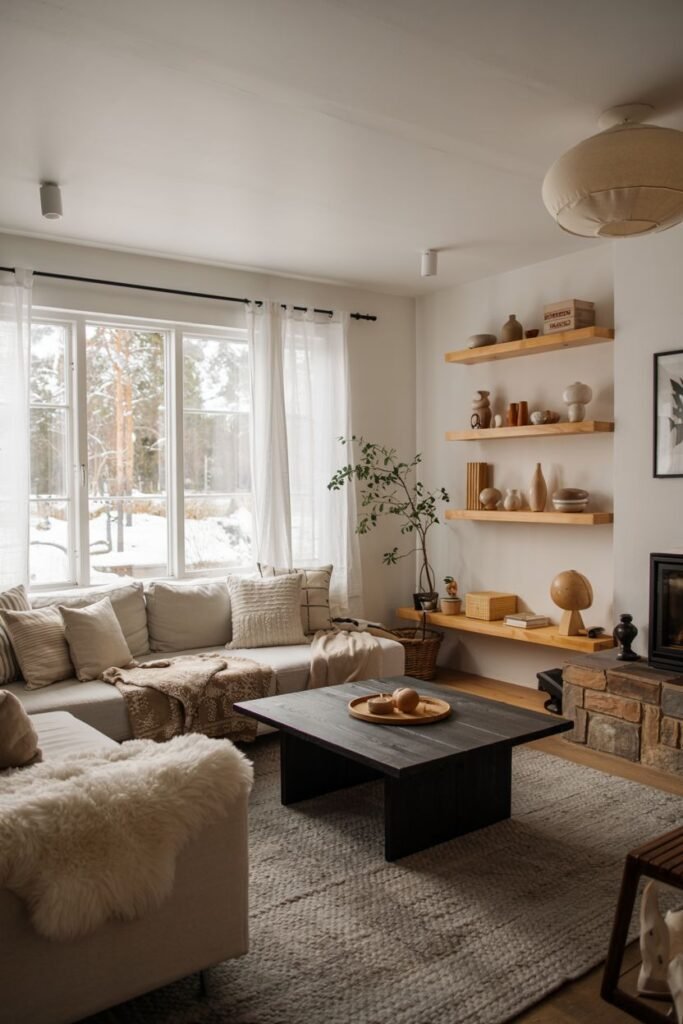 A scandinavian living room with a large L-shaped sectional sofa, a dark rectangular coffee table, a rug with a subtle pattern, and floating shelves with decor.