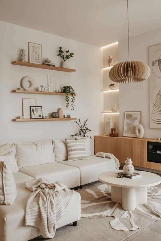 A scandinavian living room with a light sectional sofa, a round stone coffee table, a textured rug, floating shelves, and recessed lighting highlighting wall decor.