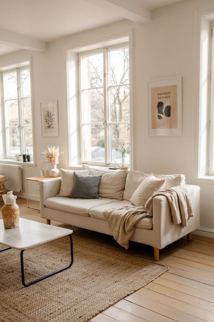 A scandinavian living room with a beige sofa, marble coffee table, and a jute rug. Artwork hangs on the wall, and light comes in through tall windows.