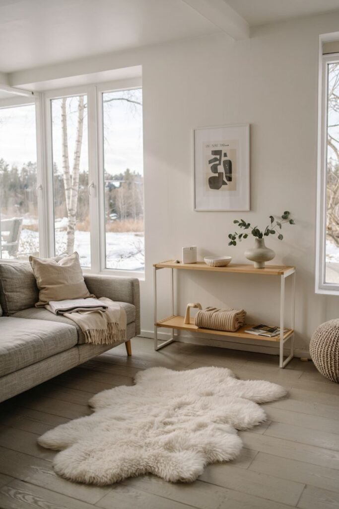 A scandinavian living room featuring a grey sofa, a simple console table, and a white sheepskin rug on a light-colored floor.