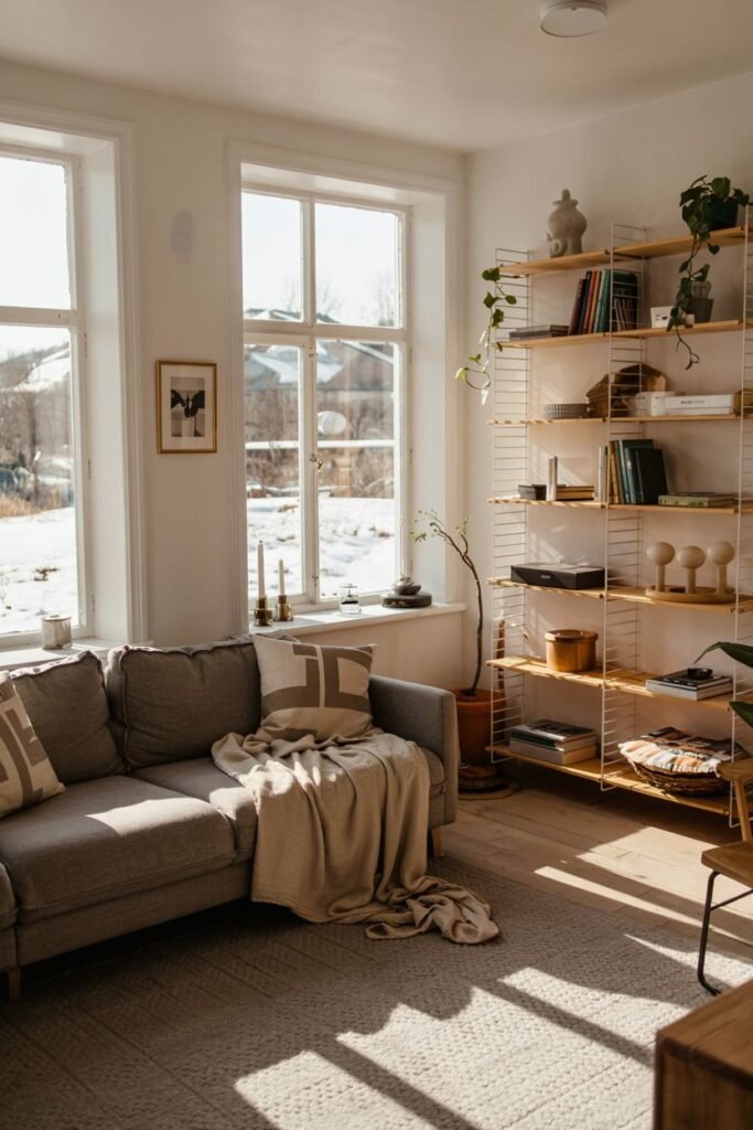 A scandinavian living room with a grey sectional sofa, a large rug with a subtle pattern, and a multi-level bookshelf filled with books and decor.