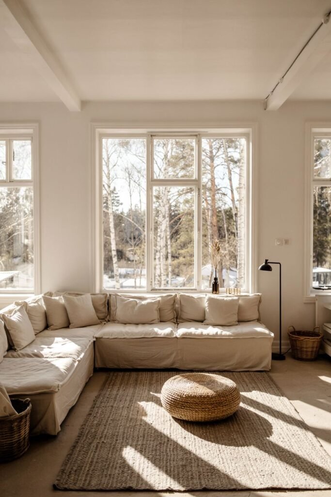 A spacious scandinavian living room with a large modular sectional sofa arranged in an L-shape, a round woven ottoman, and a textured rug.