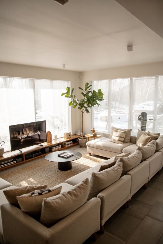 A modern scandinavian living room featuring a large sectional sofa, a round black coffee table, and a TV screen displaying "Hygge vibes only".