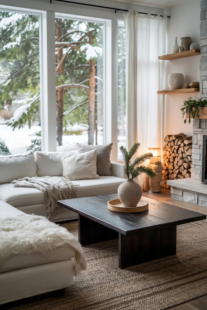 A cozy scandinavian living room scene with a white sectional sofa, a dark rectangular coffee table, a jute rug, and a fireplace with stacked firewood.