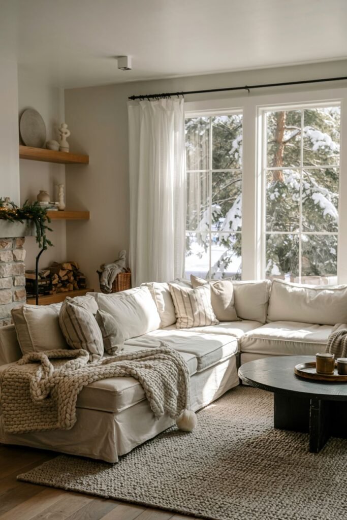 An L-shaped white sectional sofa and a round black coffee table are central in this scandinavian living room, which also features a fireplace and a large window with a snowy view.
