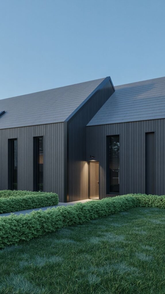 Modern house with very dark grey/black vertical siding, pitched roof, and green manicured bushes.