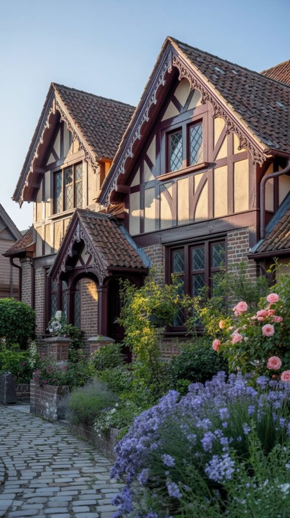 Tudor-inspired houses with dark timber framing, red tile roofs, and lush gardens with roses and purple flowers.