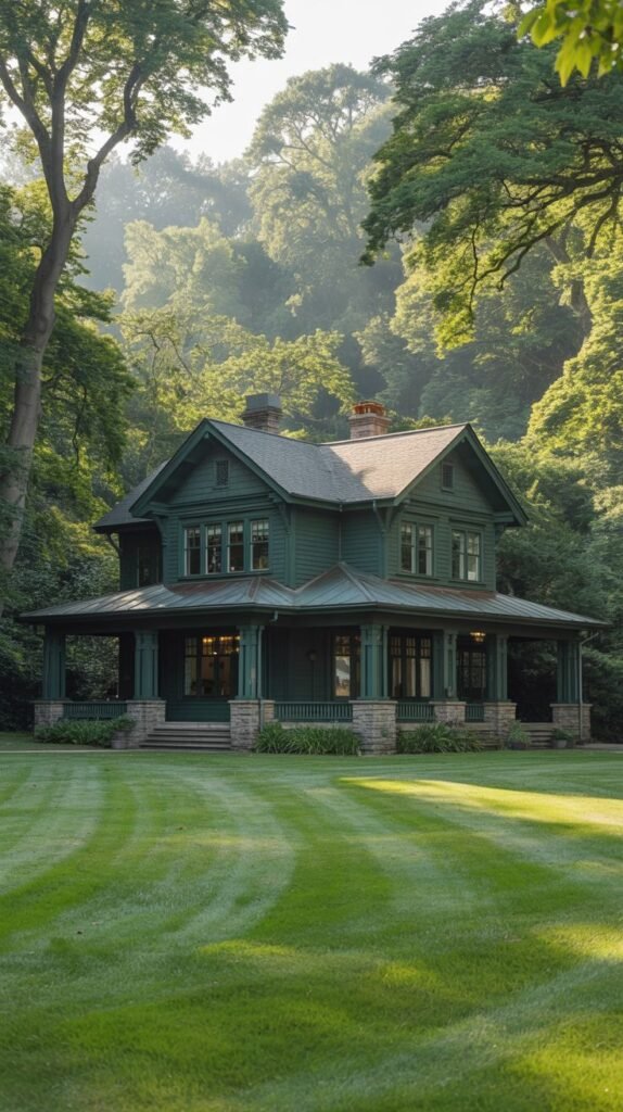 Classic dark forest green house with a wrap-around porch supported by stone columns, set in a wooded area.