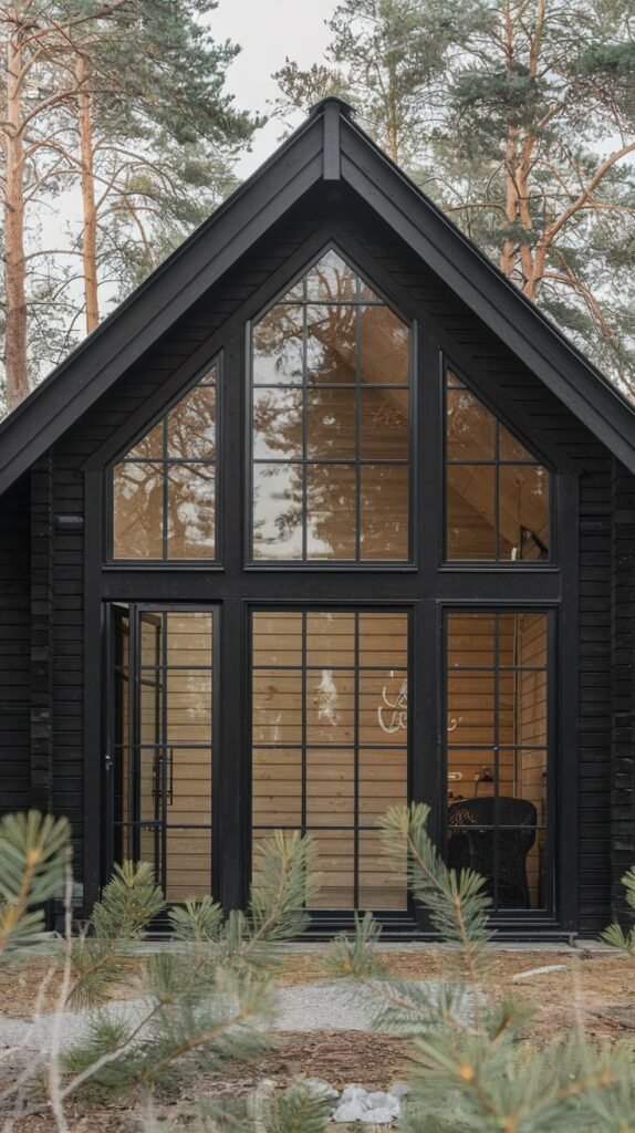 Striking black wooden A-frame cabin with a large glass front facade, set in a forest.