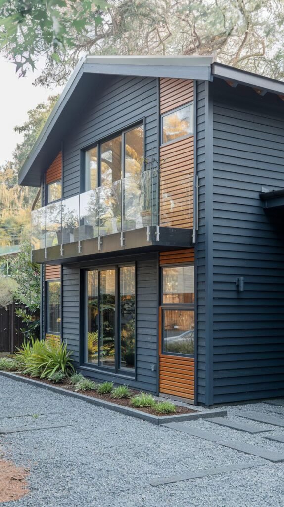 Two-story modern house with dark grey horizontal siding, wood accents, and a glass-railed balcony.