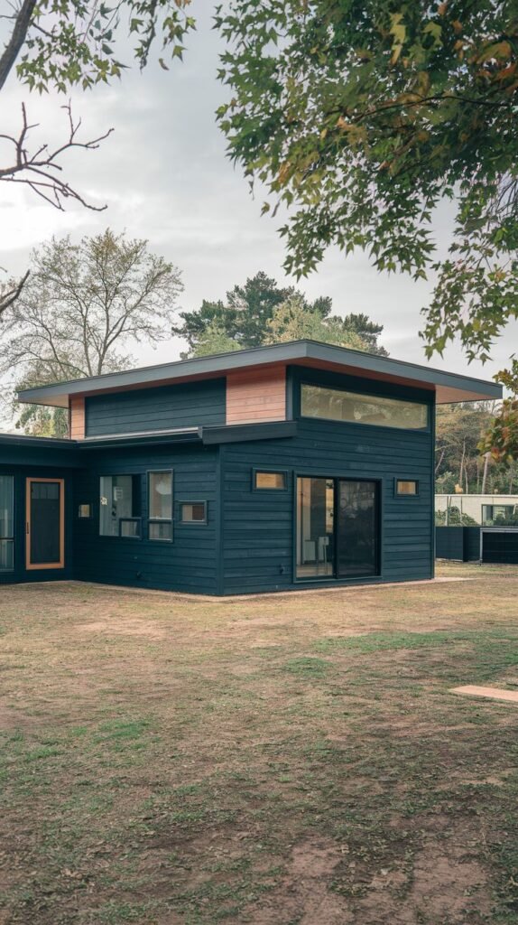 Single-story modern house with dark blue/black horizontal siding, a sloping roof with a clerestory window.