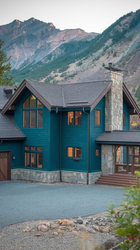 Large deep teal mountain house featuring a prominent stone chimney and base.