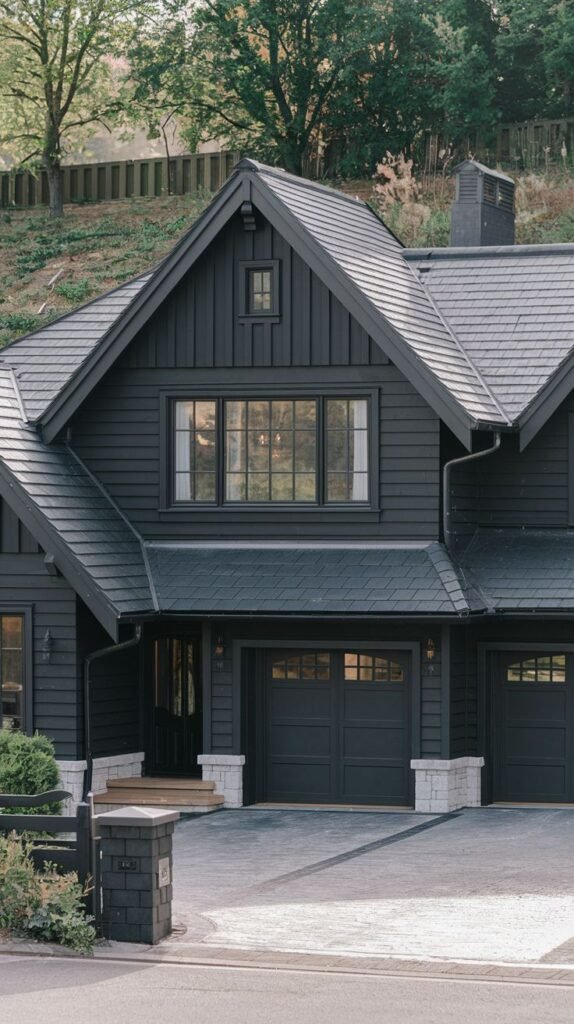 Black house with shingle siding, a complex gabled roof, and two large dark garage doors.