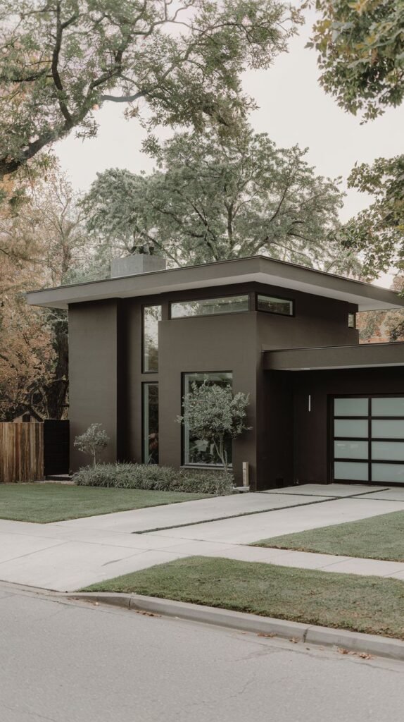 Contemporary dark brown or dark grey house with a flat roof and translucent panel garage door.