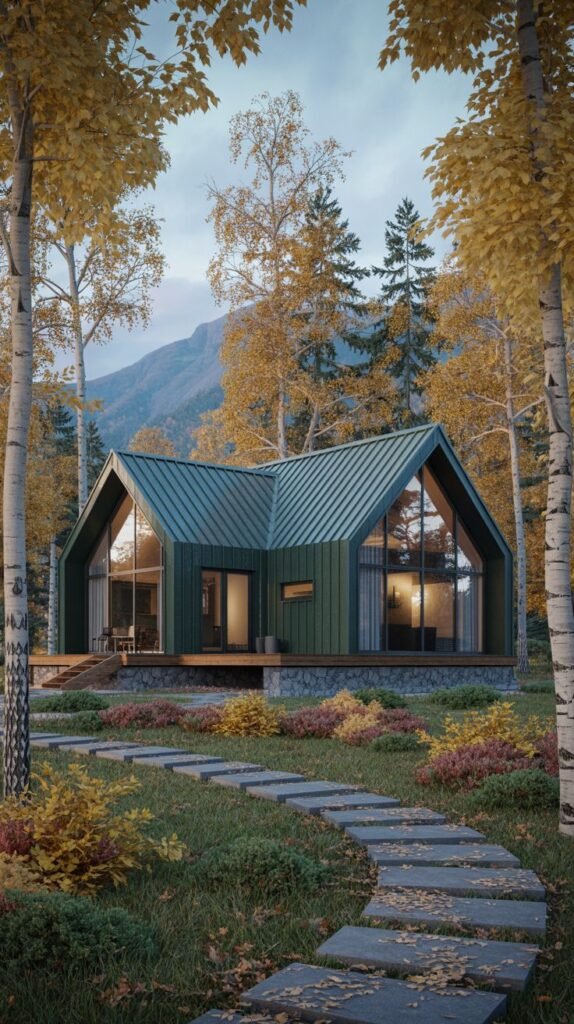 Rustic dark green cabin with teal metal roof and large windows, set in an autumn forest.