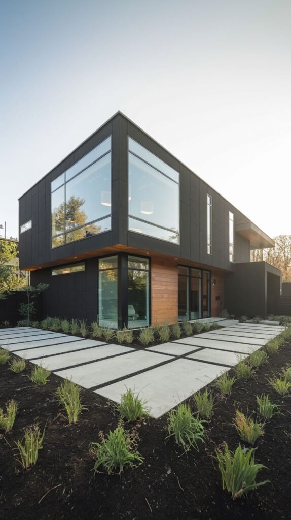 Striking black modern building with geometric shape, sharp angles, and floor-to-ceiling windows.