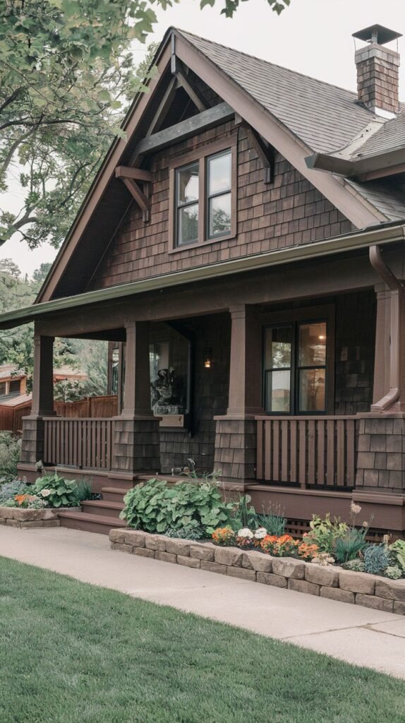 Traditional brown shingle house with a covered front porch and a garden bordered by stone.