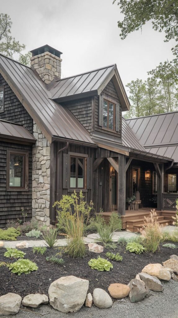 Rustic-style house combining dark brown wooden siding and a large stone chimney.